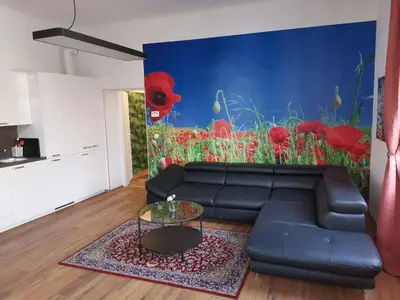 Ein Sitzbereich in der Unterkunft Studio & Apartments near Reumannplatz