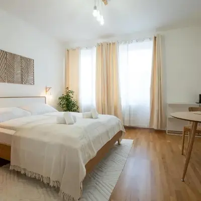 Bright and cozy studio with a city view