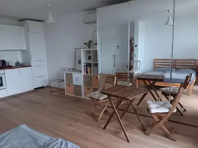 Küche/Küchenzeile in der Unterkunft Studio mit Terasse