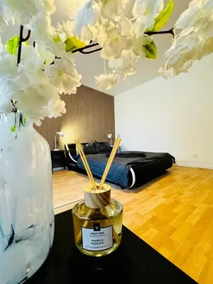 Ein Sitzbereich in der Unterkunft Cozy 1BR Apartment, 15 Min from Augarten