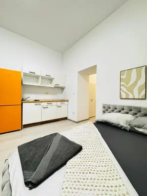 Ein Bett oder Betten in einem Zimmer der Unterkunft Studio with Kitchen, 7 Minutes from Ottakring