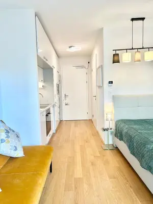 Ein Bett oder Betten in einem Zimmer der Unterkunft Modern New Studio - Terrace, Full Kitchen in Vienna Center