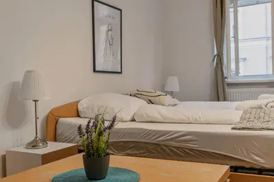 Ein Bett oder Betten in einem Zimmer der Unterkunft Spacious Two Bedroom Apartment Near Wiener Stadthalle