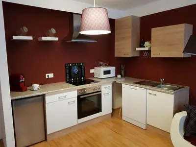 Küche/Küchenzeile in der Unterkunft BullsLiving Kaisermühlen Apartment Erni next to UNO City