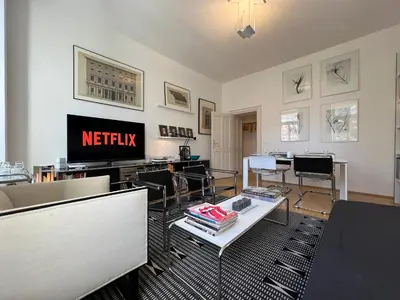 TV/Unterhaltungsangebot in der Unterkunft Vienna Design Apartment by Rabe - kostenfreier Parkplatz & Netflix & Coffee-Bar - nahe Schloss Schönbrunn