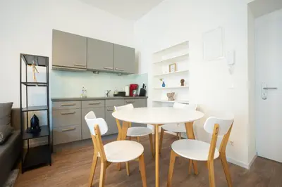 Küche/Küchenzeile in der Unterkunft Spacious apartment with huge shared terrace and grill located between city centre and Donau river
