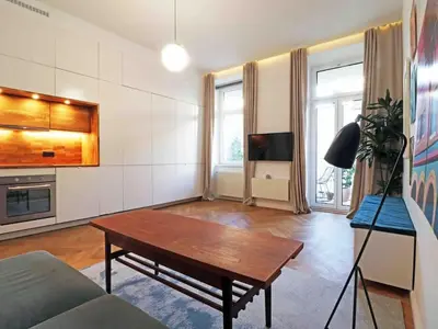 Küche/Küchenzeile in der Unterkunft Smart Apt mit Balkon am Augarten park Nähe Zentrum